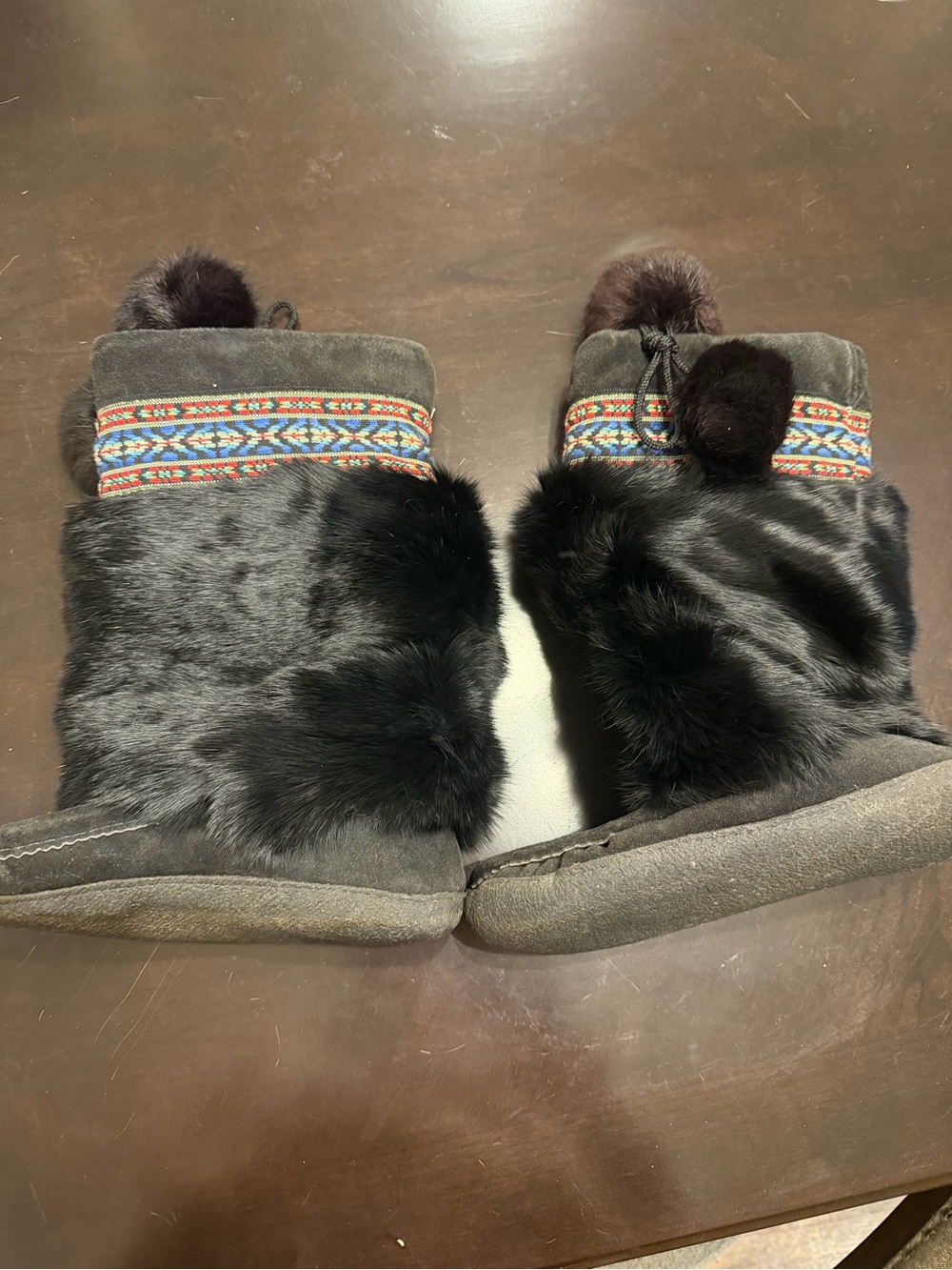 Vintage Black Suede Fur Mukluk Boots Beaded Fleece Lined Moccasins
